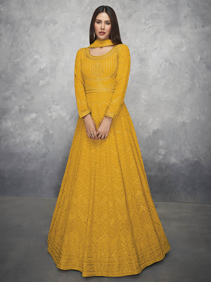 Myra Mustard Yellow Georgette Embroidered Anarkali Suit | Grocsy