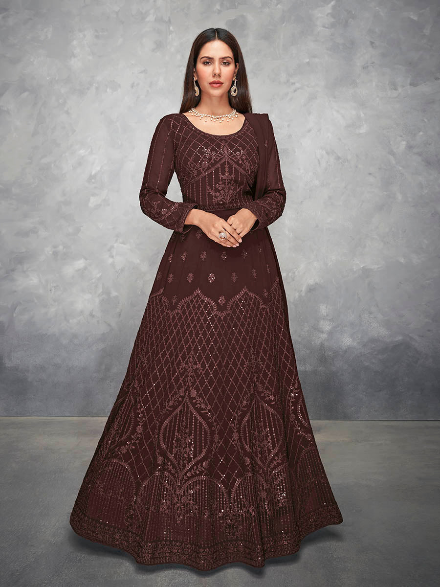 Myra Brown Georgette Embroidered Anarkali Suit | Grocsy