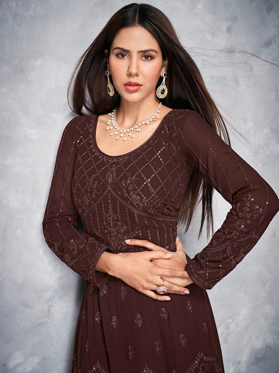 Myra Brown Georgette Embroidered Anarkali Suit | Grocsy