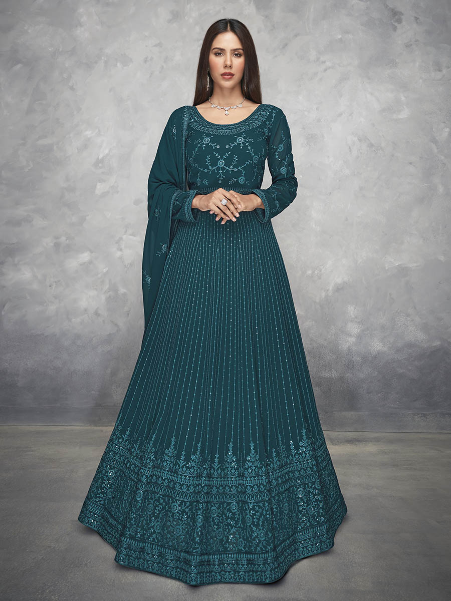 Myra Beautiful Teal Georgette Embroidered Anarkali Suit | Grocsy