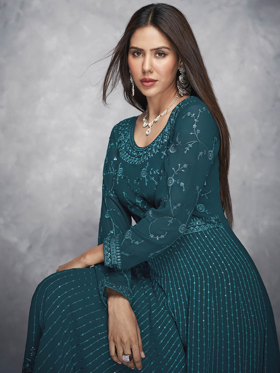 Myra Beautiful Teal Georgette Embroidered Anarkali Suit | Grocsy