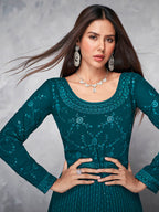 Myra Beautiful Teal Georgette Embroidered Anarkali Suit | Grocsy
