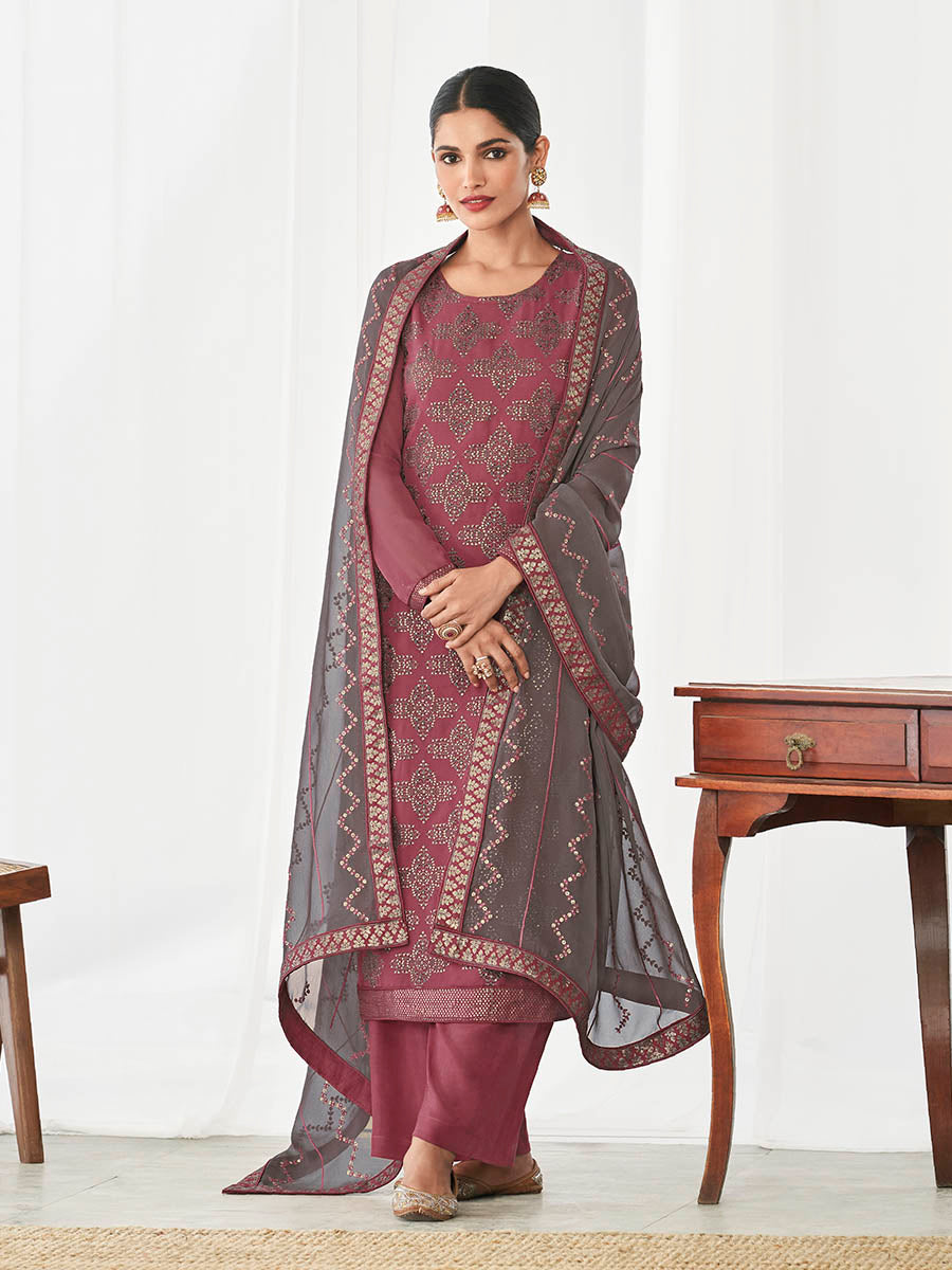 Myra Dusty Maroon and Dusty Grey Real Georgette Palazzo Style Suit | Grocsy
