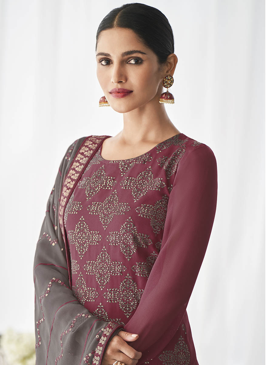 Myra Dusty Maroon and Dusty Grey Real Georgette Palazzo Style Suit | Grocsy