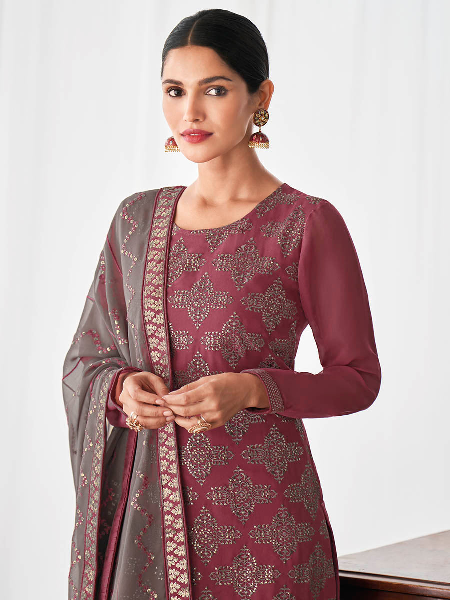 Myra Dusty Maroon and Dusty Grey Real Georgette Palazzo Style Suit | Grocsy