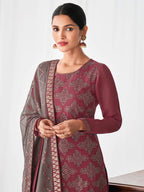 Myra Dusty Maroon and Dusty Grey Real Georgette Palazzo Style Suit | Grocsy