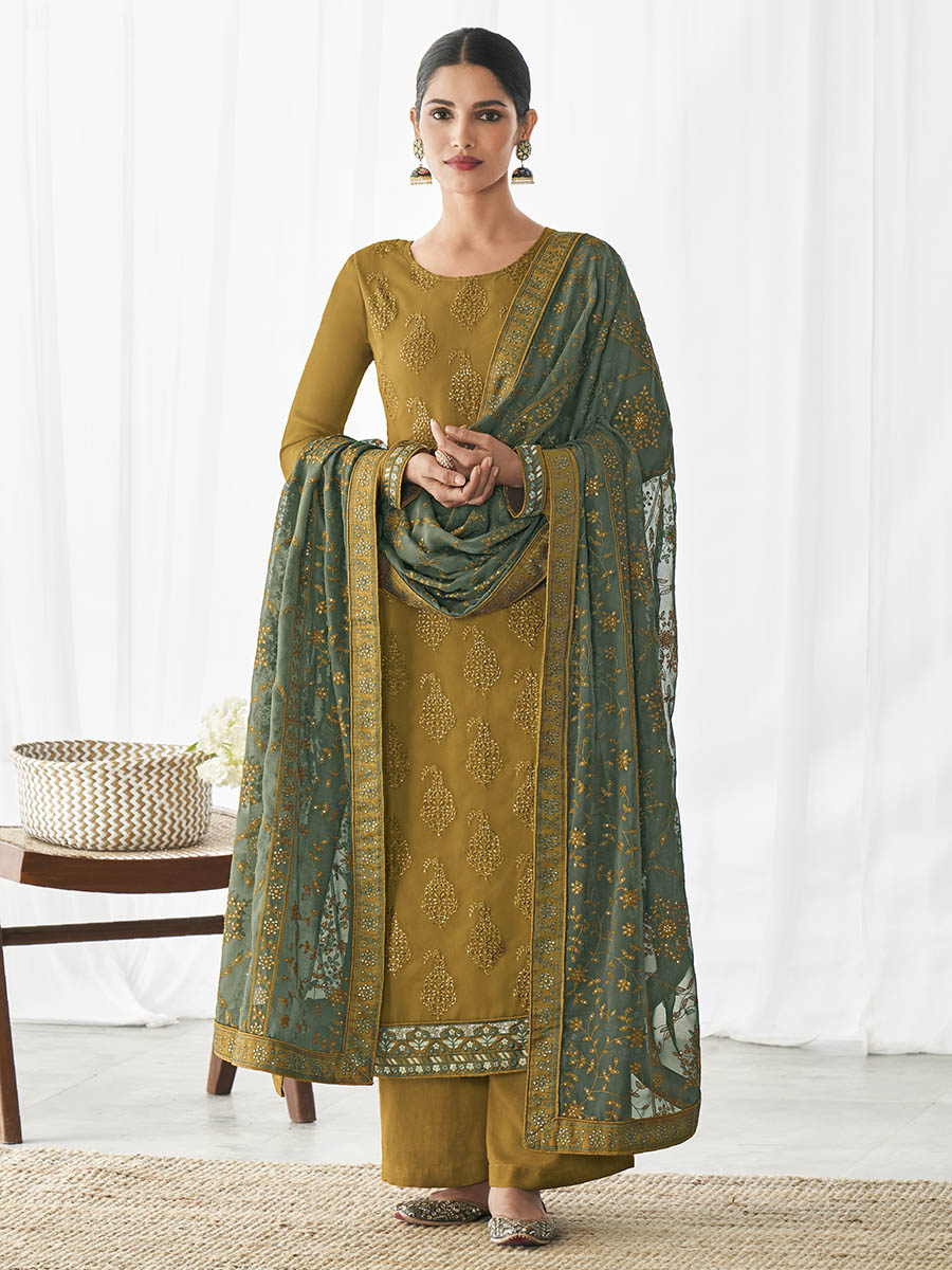 Myra Mehendi Real Georgette Palazzo Style Suit | Grocsy