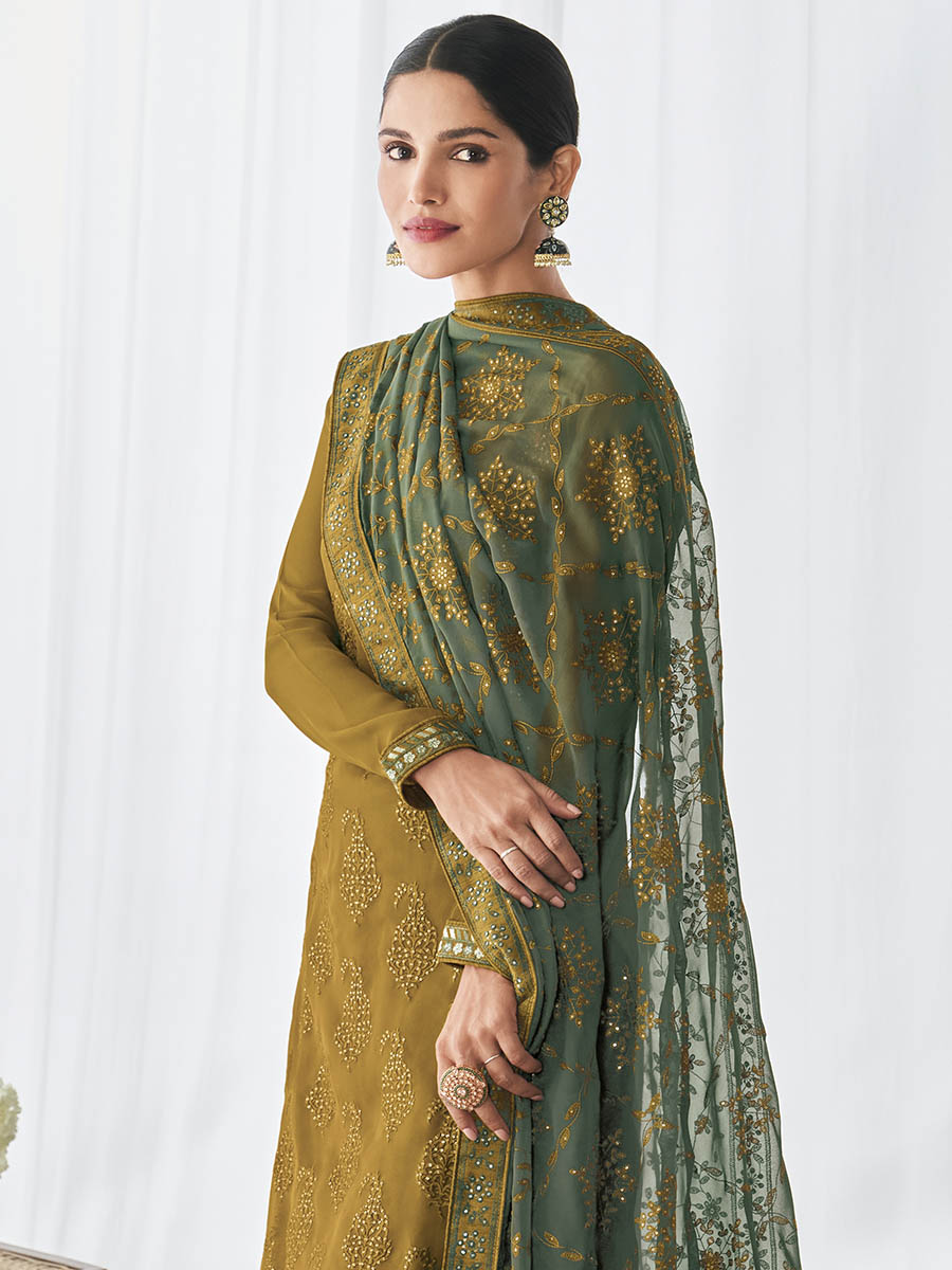 Myra Mehendi Real Georgette Palazzo Style Suit | Grocsy