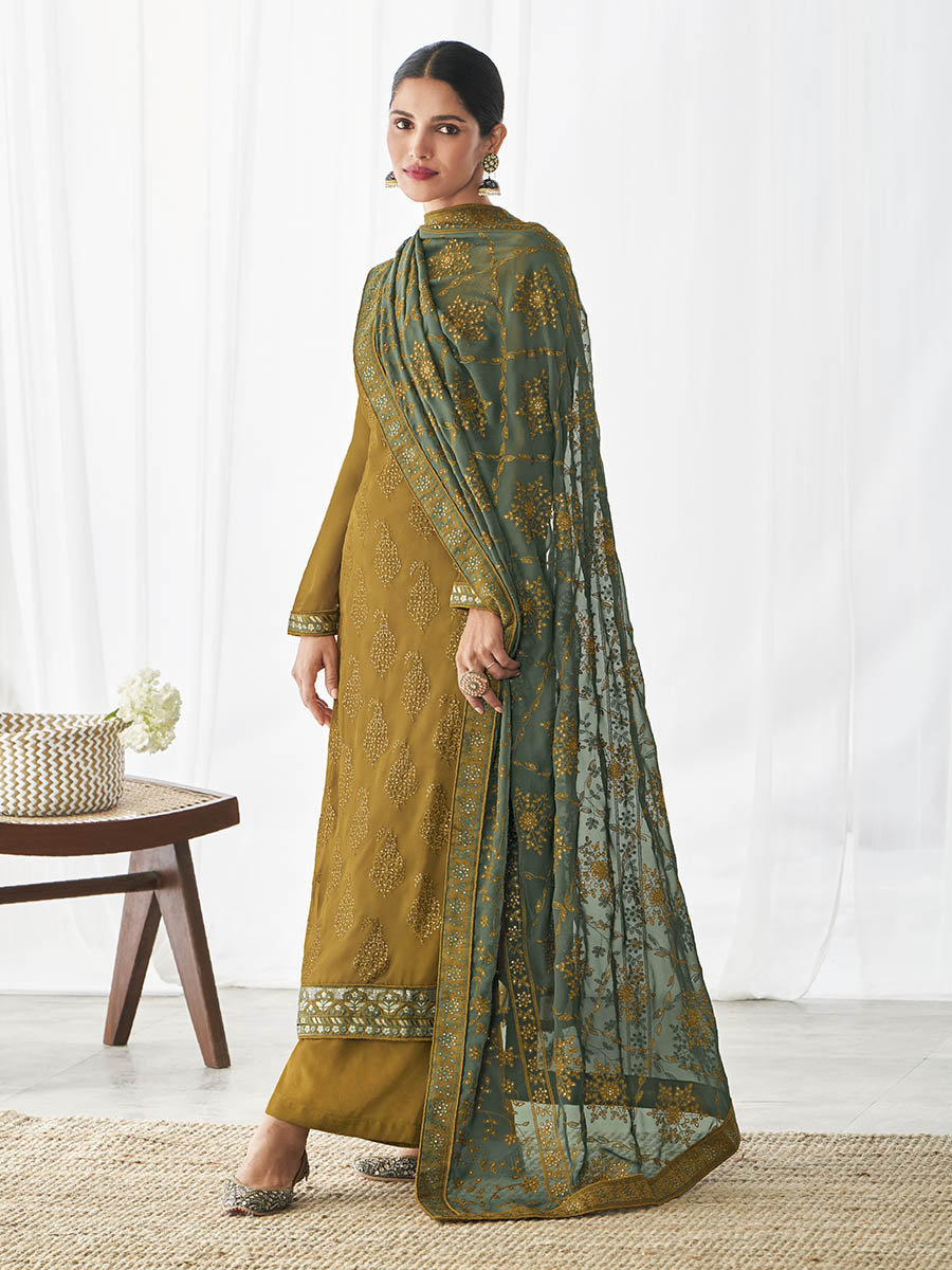 Myra Mehendi Real Georgette Palazzo Style Suit | Grocsy