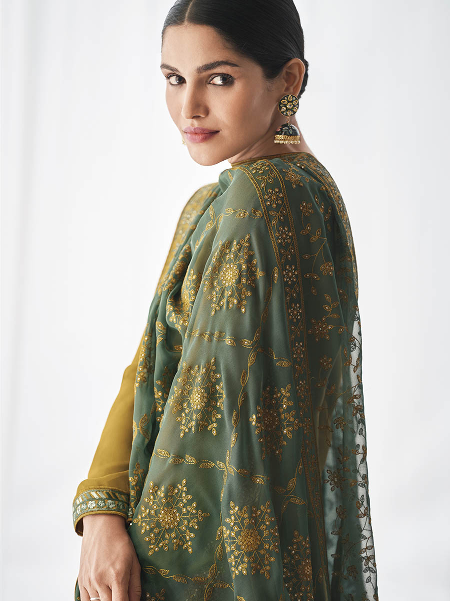 Myra Mehendi Real Georgette Palazzo Style Suit | Grocsy