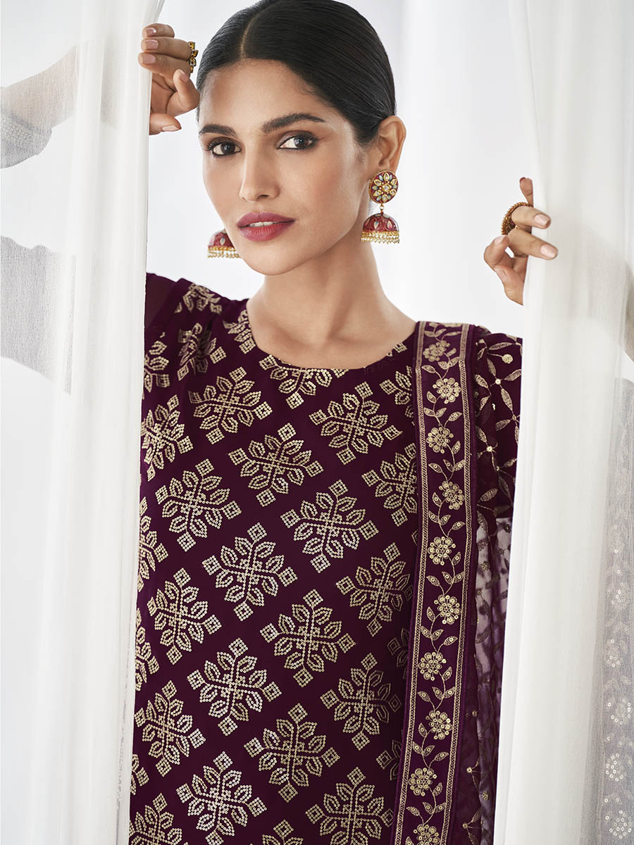 Myra Purple Real Georgette Palazzo Style Suit | Grocsy