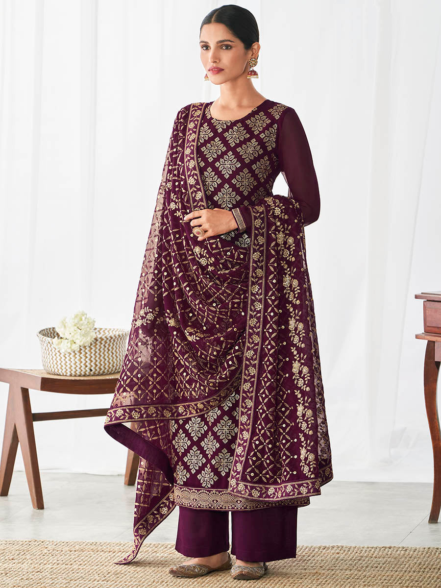 Myra Purple Real Georgette Palazzo Style Suit | Grocsy