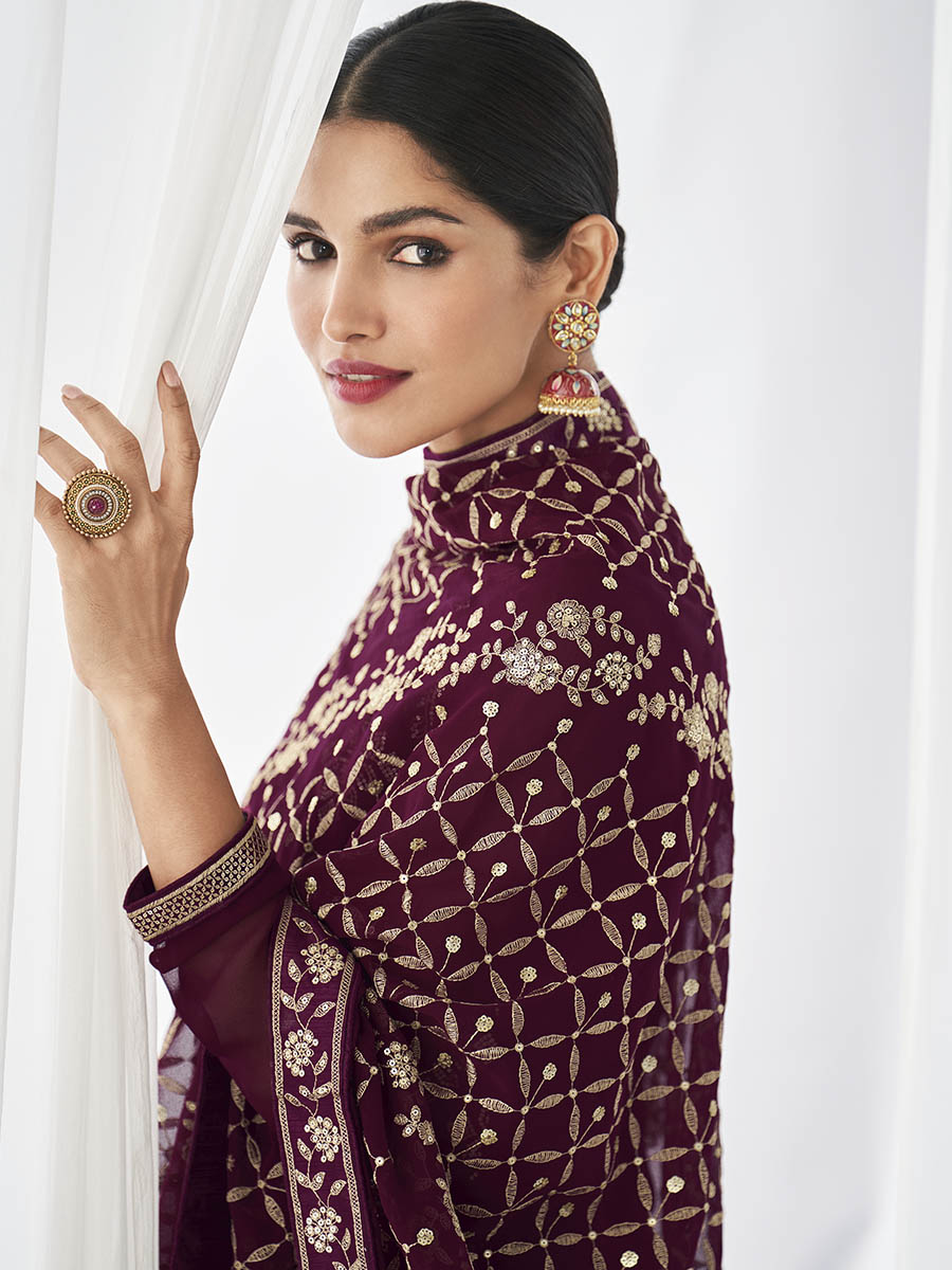 Myra Purple Real Georgette Palazzo Style Suit | Grocsy