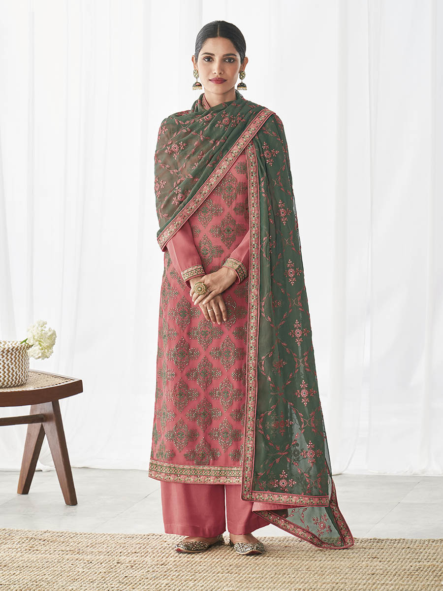Myra Pink Real Georgette Palazzo Style Suit | Grocsy