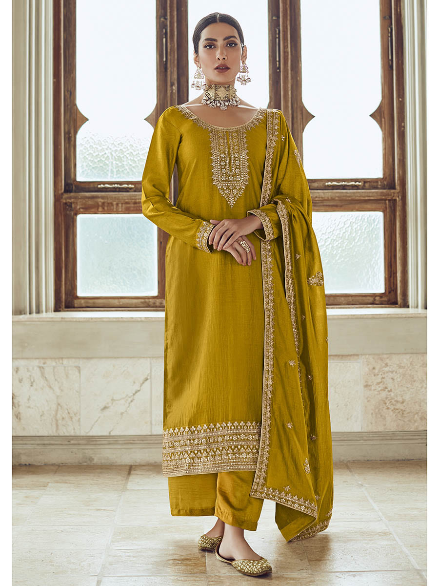 Myra Mustard Yellow Premium Silk Embroidered Pant Style Suit | Grocsy