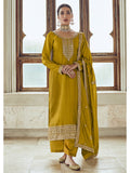 Myra Mustard Yellow Premium Silk Embroidered Pant Style Suit | Grocsy