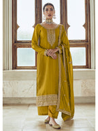Myra Mustard Yellow Premium Silk Embroidered Pant Style Suit | Grocsy