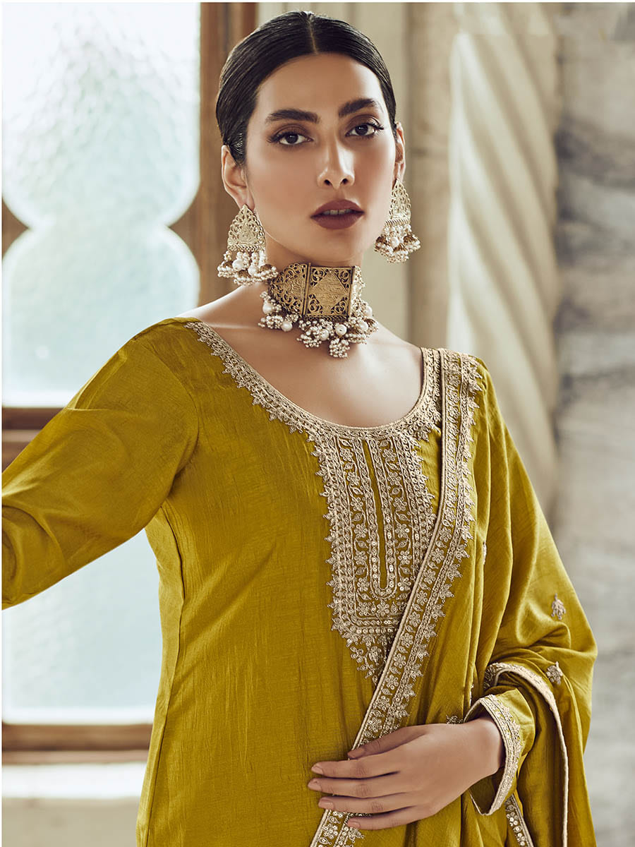 Myra Mustard Yellow Premium Silk Embroidered Pant Style Suit | Grocsy