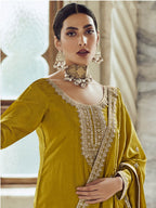 Myra Mustard Yellow Premium Silk Embroidered Pant Style Suit | Grocsy