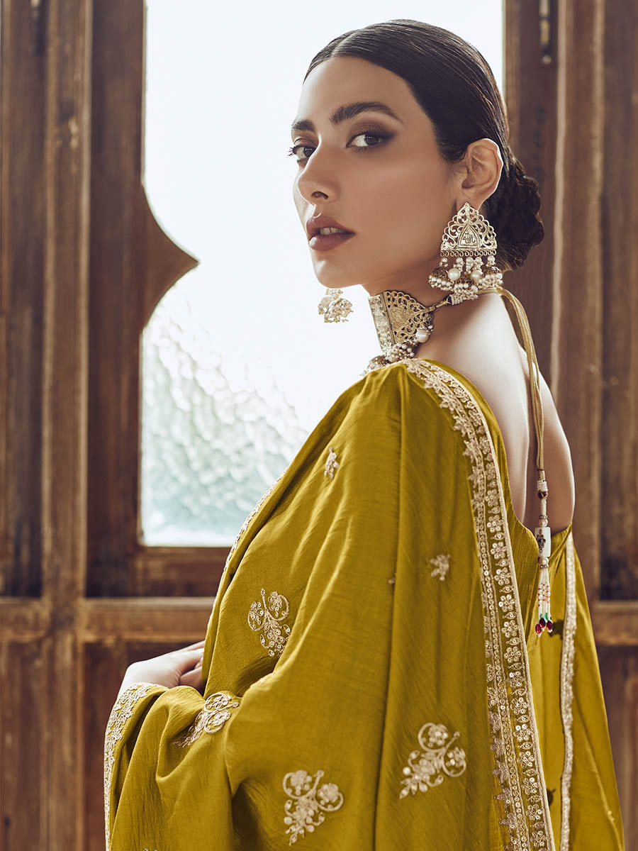 Myra Mustard Yellow Premium Silk Embroidered Pant Style Suit | Grocsy