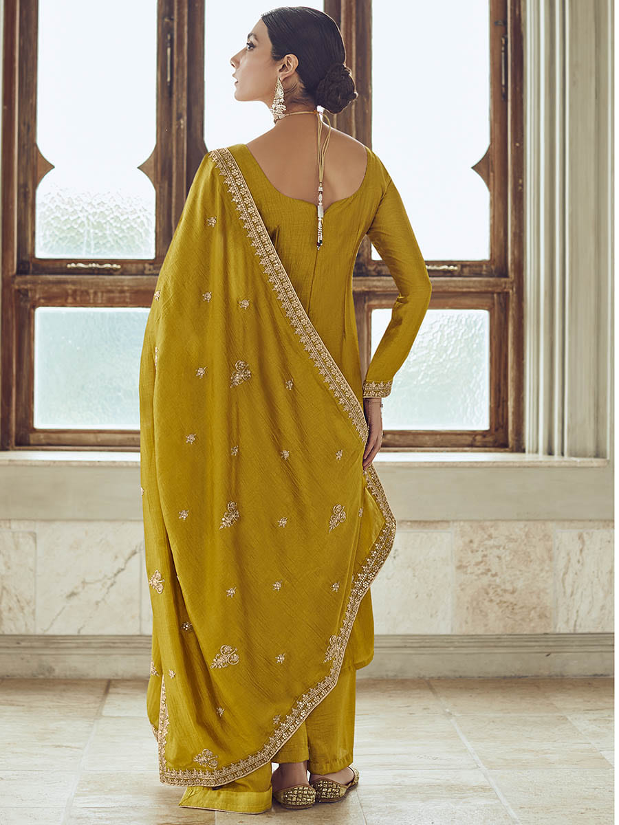 Myra Mustard Yellow Premium Silk Embroidered Pant Style Suit | Grocsy