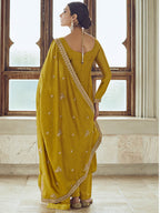 Myra Mustard Yellow Premium Silk Embroidered Pant Style Suit | Grocsy