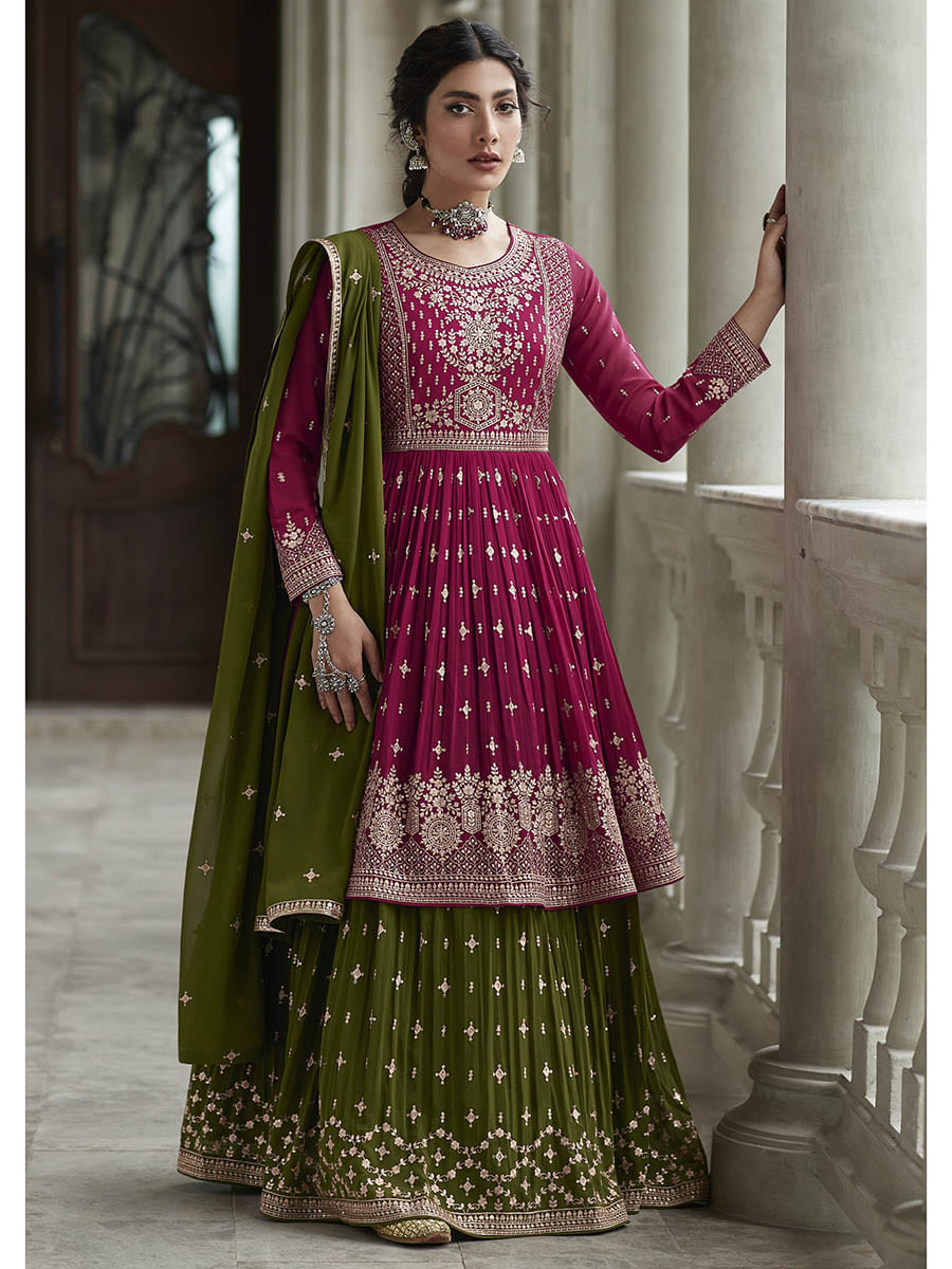 Myra Mehendi and Rani Georgette Skirt Style Embroidered Suit | Grocsy