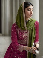 Myra Mehendi and Rani Georgette Skirt Style Embroidered Suit | Grocsy