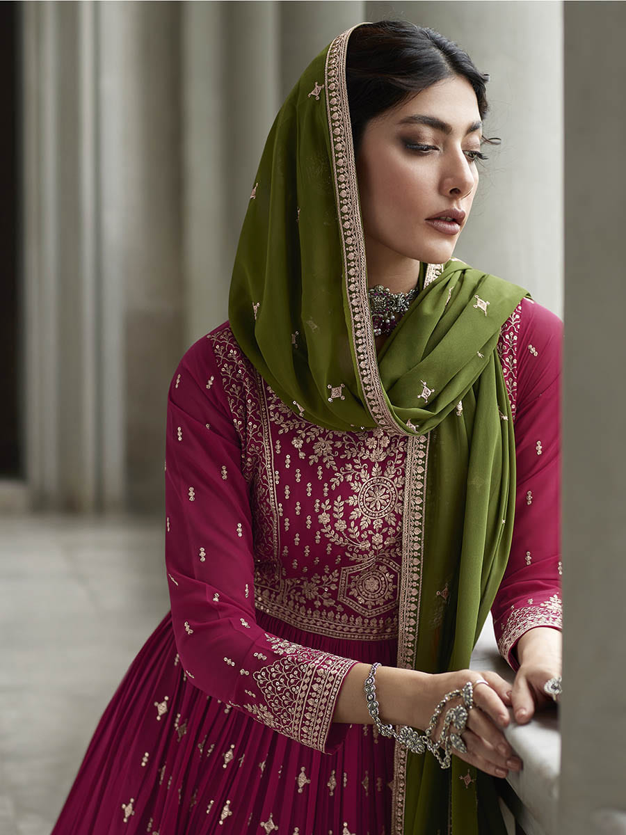 Myra Mehendi and Rani Georgette Skirt Style Embroidered Suit | Grocsy