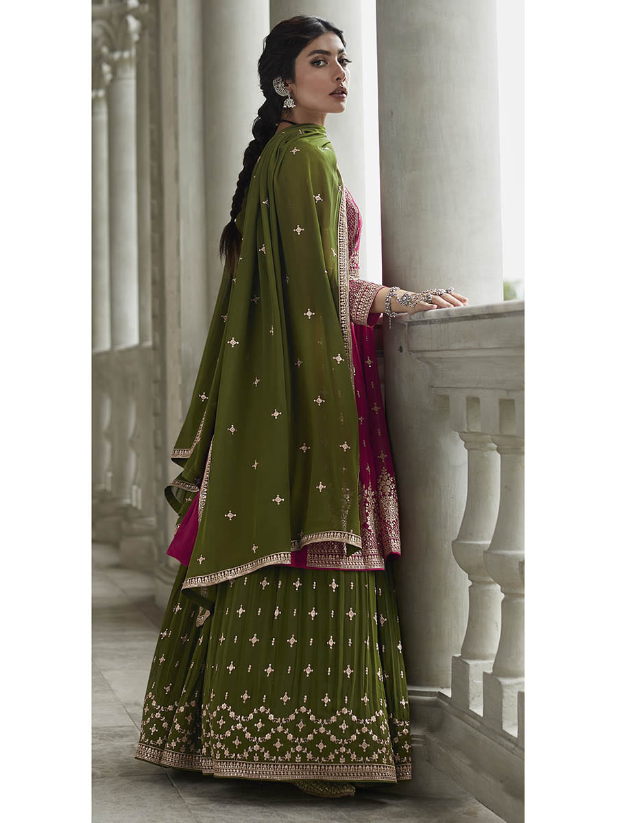 Myra Mehendi and Rani Georgette Skirt Style Embroidered Suit | Grocsy