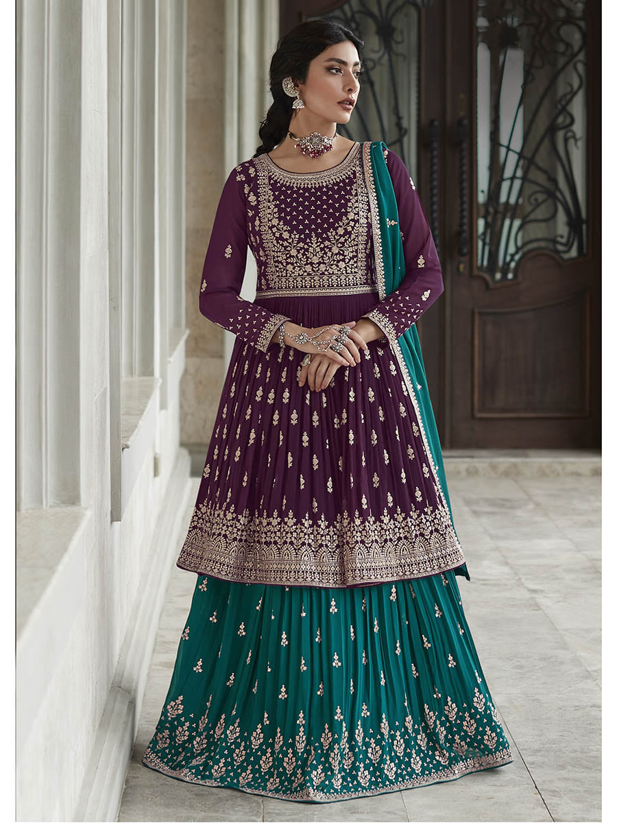 Myra Violet and Firozi Georgette Skirt Style Embroidered Suit | Grocsy