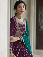 Myra Violet and Firozi Georgette Skirt Style Embroidered Suit | Grocsy