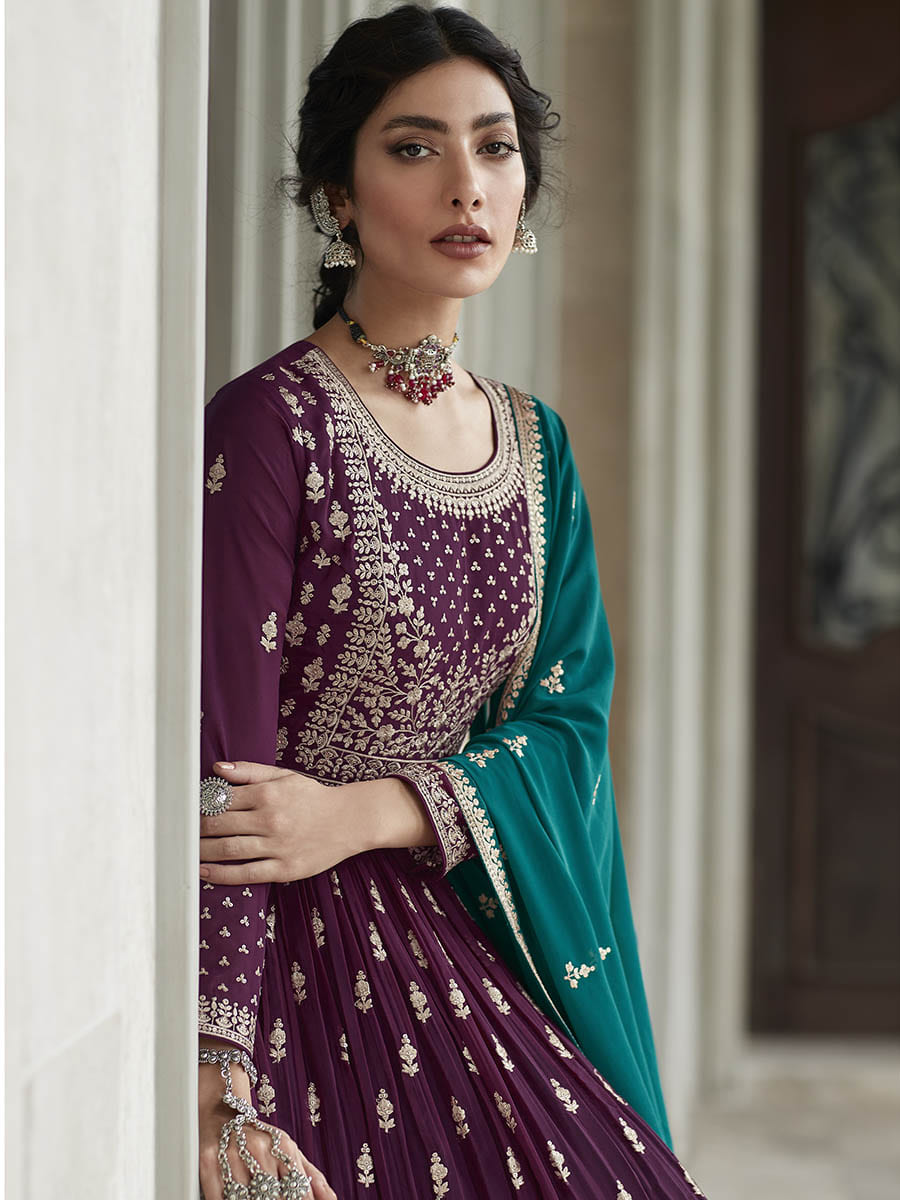 Myra Violet and Firozi Georgette Skirt Style Embroidered Suit | Grocsy