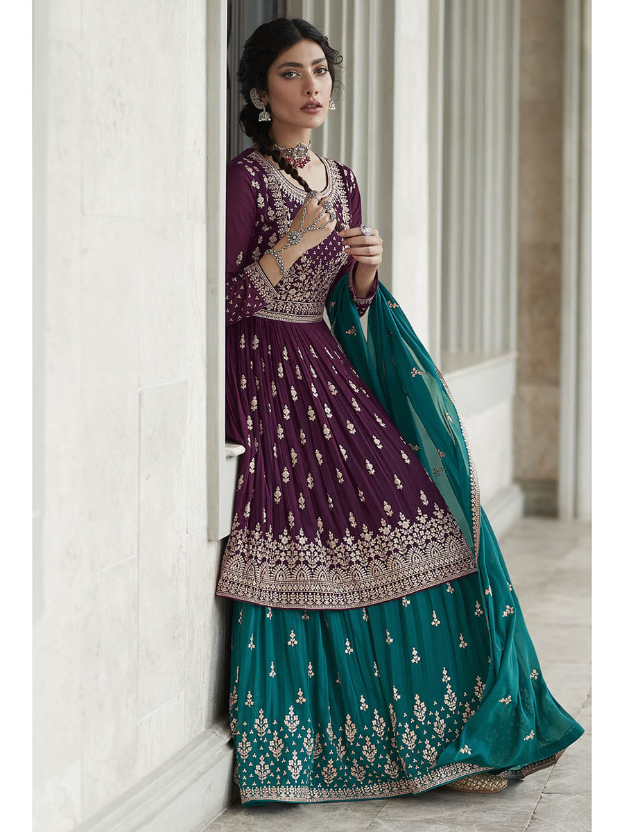 Myra Violet and Firozi Georgette Skirt Style Embroidered Suit | Grocsy