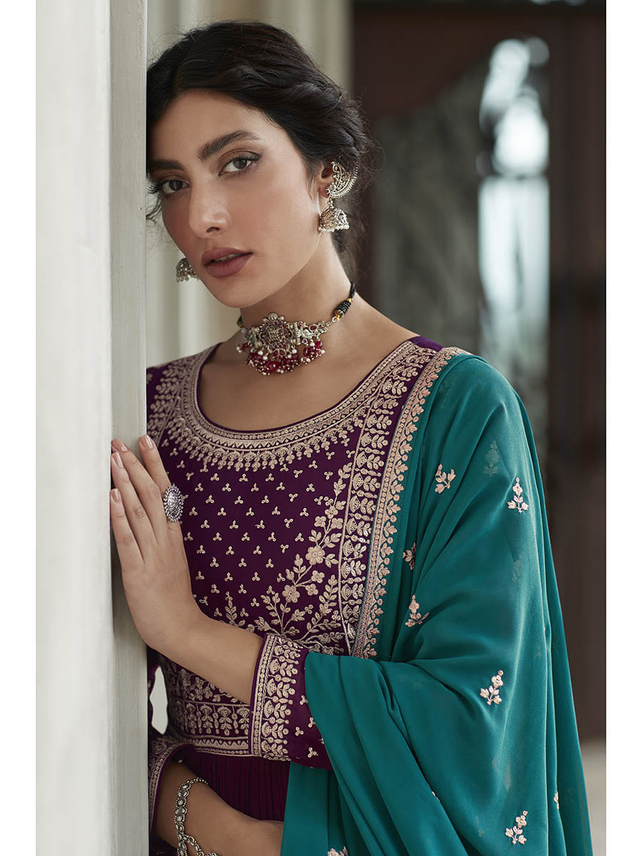 Myra Violet and Firozi Georgette Skirt Style Embroidered Suit | Grocsy