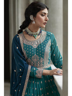 Myra Navy and Firozi Georgette Skirt Style Embroidered Suit | Grocsy
