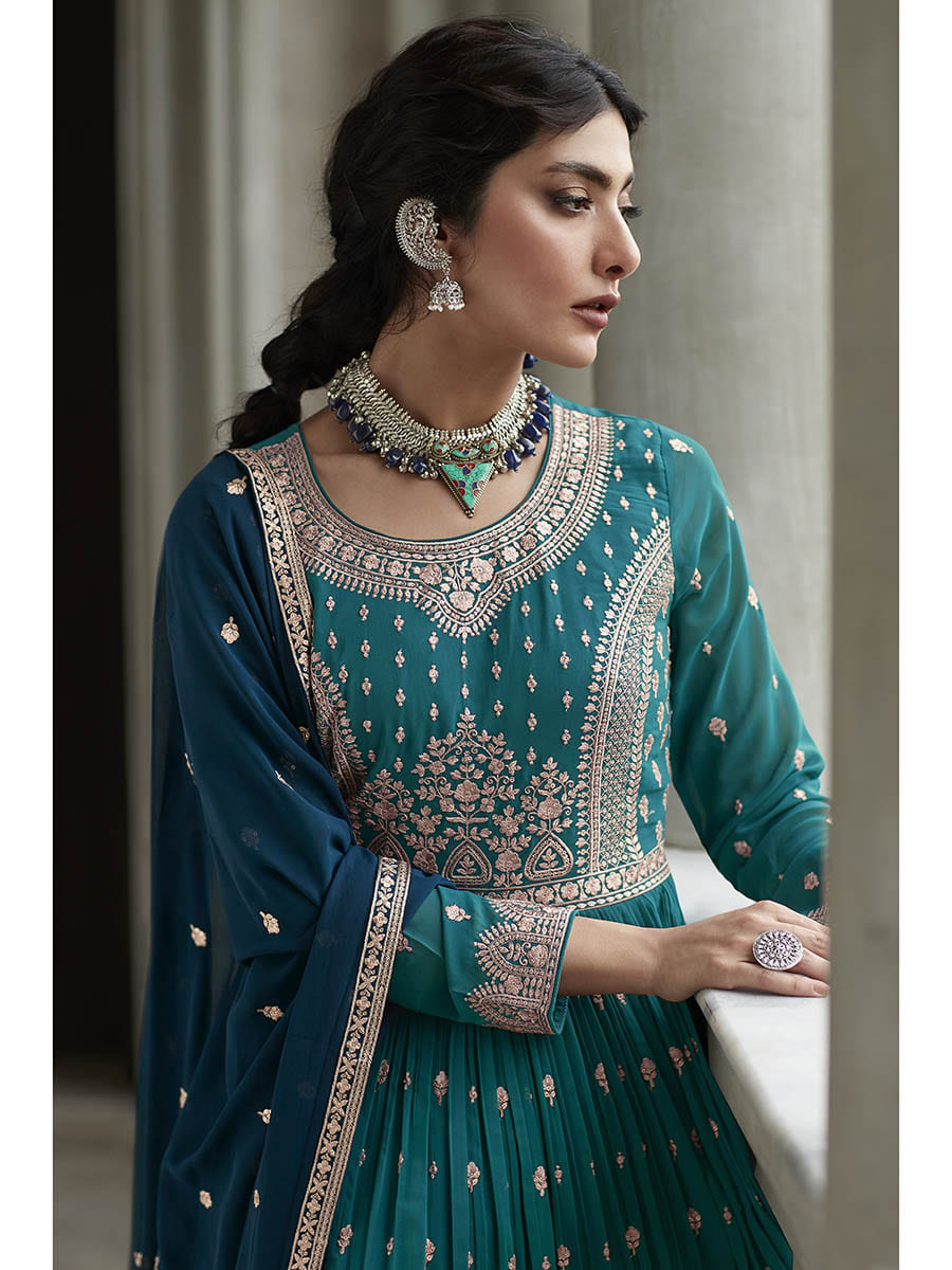 Myra Navy and Firozi Georgette Skirt Style Embroidered Suit | Grocsy