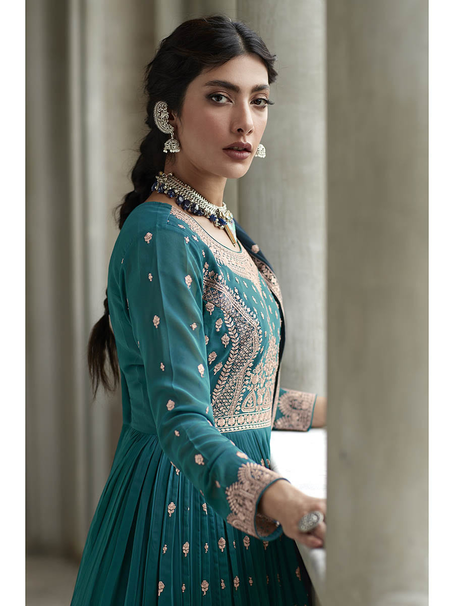 Myra Navy and Firozi Georgette Skirt Style Embroidered Suit | Grocsy