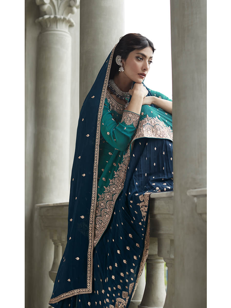 Myra Navy and Firozi Georgette Skirt Style Embroidered Suit | Grocsy