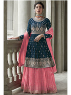 Myra Navy and Pink Georgette Skirt Style Embroidered Suit | Grocsy