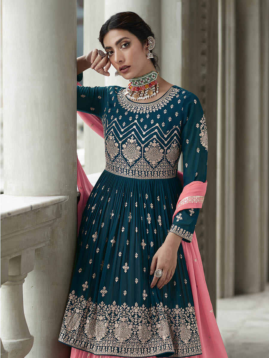 Myra Navy and Pink Georgette Skirt Style Embroidered Suit | Grocsy