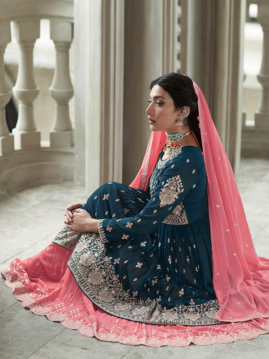 Myra Navy and Pink Georgette Skirt Style Embroidered Suit | Grocsy