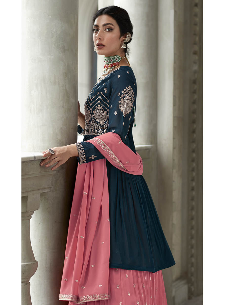 Myra Navy and Pink Georgette Skirt Style Embroidered Suit | Grocsy