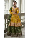 Myra Mehendi and Mustard Yellow Georgette Skirt Style Embroidered Suit | Grocsy