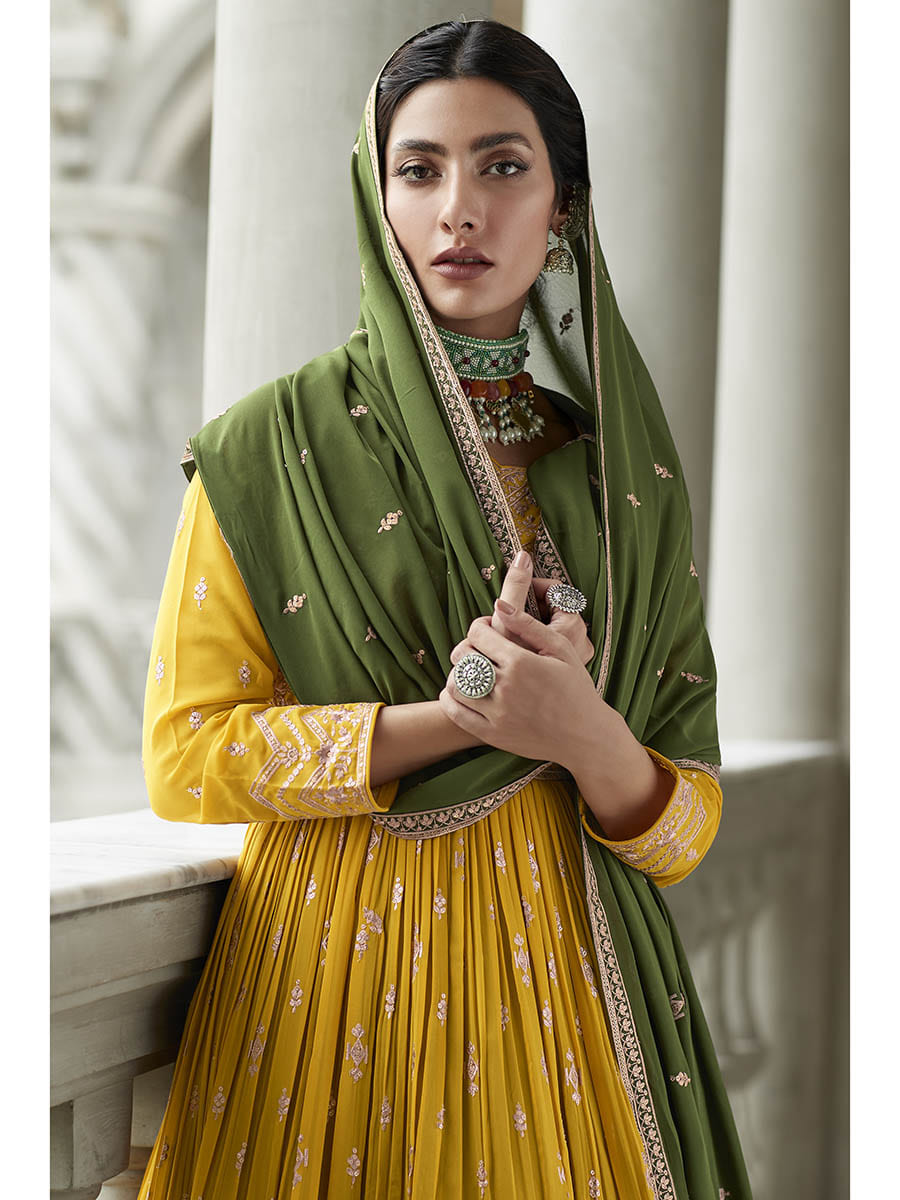 Myra Mehendi and Mustard Yellow Georgette Skirt Style Embroidered Suit | Grocsy