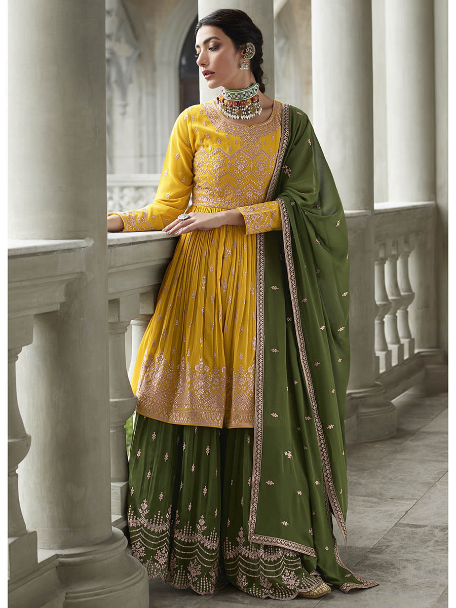 Myra Mehendi and Mustard Yellow Georgette Skirt Style Embroidered Suit | Grocsy