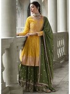 Myra Mehendi and Mustard Yellow Georgette Skirt Style Embroidered Suit | Grocsy