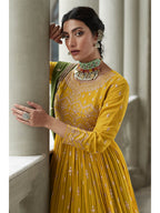 Myra Mehendi and Mustard Yellow Georgette Skirt Style Embroidered Suit | Grocsy