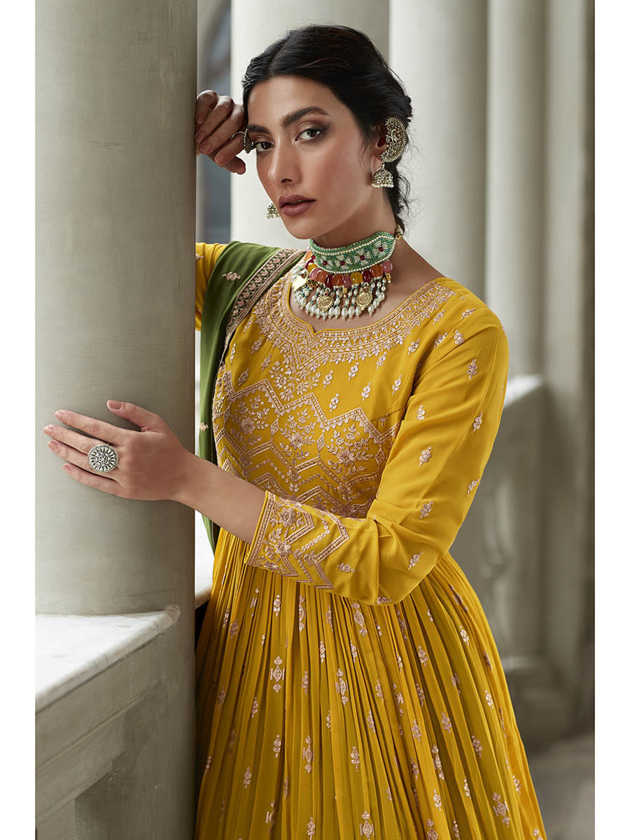 Myra Mehendi and Mustard Yellow Georgette Skirt Style Embroidered Suit | Grocsy