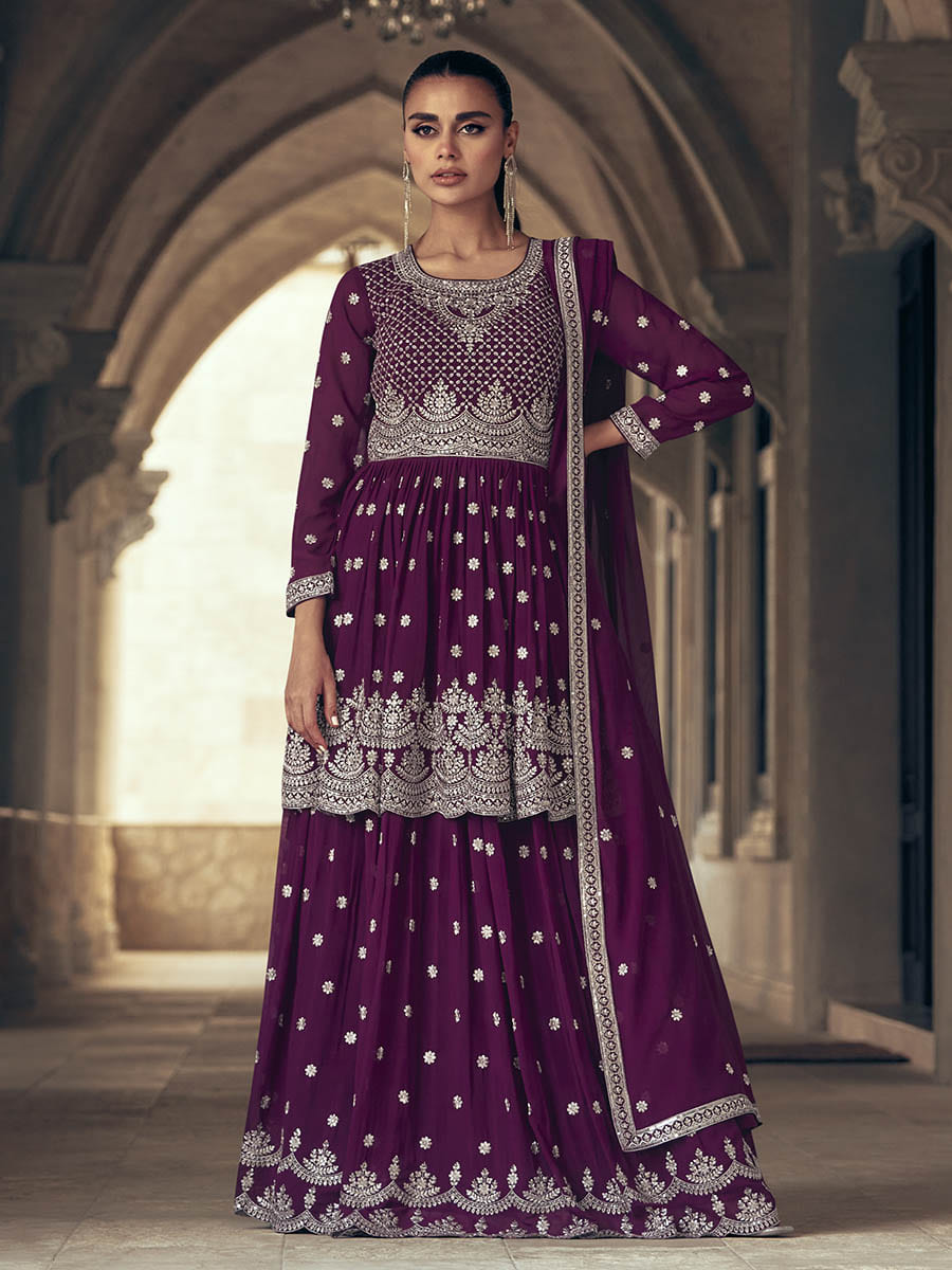 Myra Purple Real Georgette Gharara Style Embroidered Suit | Grocsy